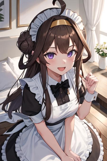 best quality, masterpiece, highres, solo, {maid:1.40}, {long maid dress:1.15}, {kongou_kantaicollection:1.15}, brown_hair, long_hair, ahoge, hairband, hair_bun, double_bun, headgear, smile, nontraditional_miko, purple_eyes, open_mouth