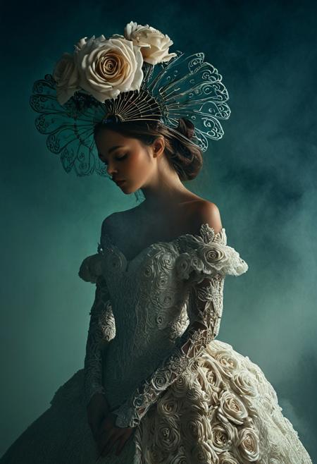 This is a highly detailed, surreal photograph with a dramatic, ethereal quality, reminiscent of high-art fashion photography. The subject is a woman standing in profile, dressed in an elaborate, ornate gown adorned with intricate floral patterns. The dress is predominantly white, covered in large, stylized roses that appear almost sculptural, adding a three-dimensional texture to the fabric. The gown's sleeves are long and fitted, with intricate lace and embroidery details. The woman's head is crowned with an enormous, flowing, scalloped headdress made of the same white material, resembling a giant, stylized flower or a fan, which adds to the surreal, fantastical atmosphere of the image.
The woman's face is serene, with a closed eyes and slightly parted lips, giving an enigmatic, almost statuesque appearance. Her skin tone is a warm, rich brown, contrasting beautifully with the cool, ethereal tones of the gown and headdress. The background fades from a deep, dark blue to a light, misty green, creating a gradient effect that enhances the ethereal quality of the image. The lighting is soft and diffused, casting a soft glow over the scene, with a slight golden undertone that adds warmth and depth.