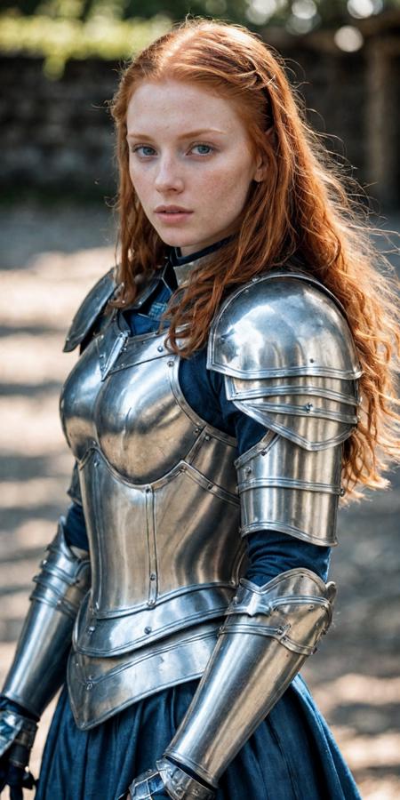 young ginger woman in medieval armor, blue fabric, (worlds most beautiful girl), reflective metal, ultra realistic cinematic photo, natural lighting, soft shadows, shallow depth of field, high detail, sharp focus, 35mm photography, realistic skin texture, accurate anatomy, lifelike expression, natural environment, clean background, highly detailed textures in clothing, hair, and lighting