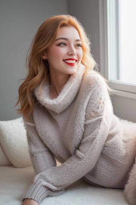 ASCIIraw photo, (18yo redhead girl:1.2), makeup, graphic eyeliner, rouge, (choker:0.9), realistic skin texture, oversize knit sweater, (red:0.8), softcore, warm lighting, cosy atmosphere, instagram style
Full body photograph of a smiling ((beautiful)) Caucasian ethnicity woman. ((Extra super expensive fuzzy, fluffy, shaggy and hairy)) mohair sweater with (cowl-neck). Long voluminous wavy hair. ((silver blonde hair )). (((Iridescent rainbow color sweater))). (extremely fluffy:1.6) cropped sweater, (extremely fluffy:1.6) knitted pants, Long boots over the knee with high heels and ((fur trimmed)). (Fur trimmed) sweater. heavy makeup look, ((Smoked eyes)) makeup. ((Long fluffy fake lashes)). (Bold long winged eyeliner), and filled in brows. Smiling and looking at the camera, showing well-arranged (white teeth), (vibrant red lipstick on lips), (green eyes). ((Big boobs)). Cozy atmpsphere bedroom with expensive fox fur blanket and expensive fox fur carpet. The women staying in front of window and the view is heavy snowing <lora:LaDy_IceQ XL:2.0> LaDy_IceQ XL (best quality:1.2), 4k, 8k, ultra highres, raw photo in hdr, sharp focus, intricate texture, detailed facial features, highly detailed face, posing, perfect lighting, smiling .