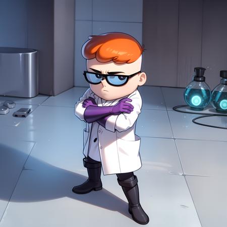 ((masterpiece, best quality)),(complex lighting) , solo ,1boy, full body, dexter ,  <lora:Dexter1-10:0.8>, red hair, glasses, standing, purple gloves, black eyes, black boots, ((closed lab coat)), simple background, crossed arms,