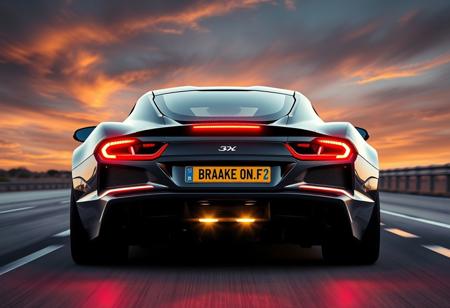 “A high-performance sports car seen from the back, exuding power and speed. The sleek design features aggressive aerodynamics, wide tires, and distinctive tail lights. The license plate boldly reads ‘I BRAKE ONLY FOR BUZZ.’ The car is in motion on an open highway at dusk, with motion blur enhancing the sense of speed. The exhaust emits a faint glow, hinting at raw horsepower. The background showcases a dramatic sky with deep oranges and purples, adding to the cinematic feel. Ultra-realistic reflections on the car’s glossy surface and intense lighting make the scene striking and dynamic.”