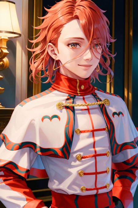 (highly detailed:1.3),
pandreo fe, 1boy, smile, long sleeves, jewelry, upper body, red hair, earrings, looking to the side, capelet, hands on hips, white capelet,
Ultra-detail,(highres:1.1),best quality,(masterpiece:1.3),cinematic lighting,
(highly detailed face and eyes:1.3),