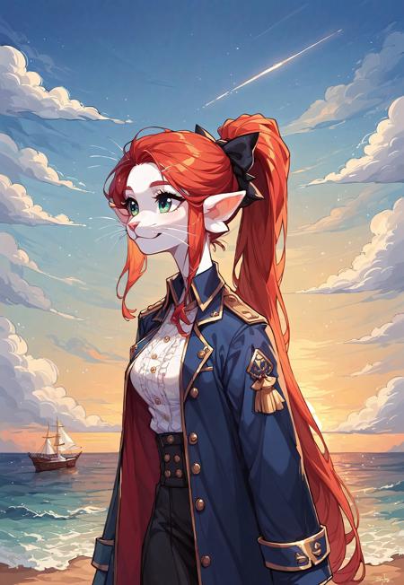 masterpiece, score_9_up, score_8_up, score_7_up, score_6_up, (best quality:1.1), ultra-detailed, high resolution, highly detailed macro illustration, solo BREAK <lora:voicesofthevoid_argemia_ponyXL:1> 1girl, argemia, furry female, whiskers, ponytail, animal ears, cat nose, pointy ears, (cute expression, cute face:1.2), (beautiful detailed eyes) BREAK (Pirate hat), long coat, upper body, standing, pirate ship, dramatic sunset, ocean in the background, ship sails billowing in the wind BREAK Highly Visible, (8k), sharp focus, perfect lighting, anatomically correct, extremely detailed, mystical atmosphere, high detail, powerful and elegant, Expressiveh, detailed background, OverallDetail, zPDXL3