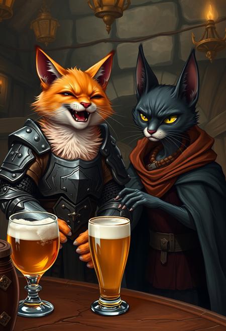 "Hyper-detailed art, fantasy, 2 anthropomorphic or furry cats sitting in medival tavern. First one big and tall, have an orange fur, joyfull and wearing a warior armor. another one is skinny, have a shrot black fur and grumpy, wears a cloak and cape. Both of them having a beer on table. Orange cat seems to tell some story and the black ones looks annoyed. Style: extremely detailed, and humorously adorable, with a focus on capturing the playful, lighthearted atmosphere". Close up, upper body