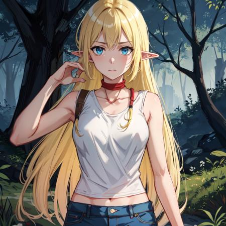 (masterpiece),(best_quality),looking_at_viewer,ears_down,detailed,(tuka_luna:1.4),1girl,solo,blonde_hair,very_long_hair,long_mouth,closed_mouth,worried,blue_eyes,white_shirt,tank_top,bow,denim,jeans,pointy_ears,absurdres,forest background,  <lora:Tuka_Luna_Marceau-06:0.65>