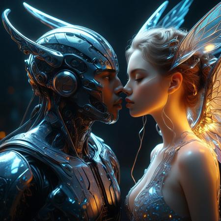 brutal biomechanical man kissing a beautiful female angel, magical, sci-fi, beautiful, unimaginable, 
very dramatic, naturalistic, photorealistic, highly detailed digital art, science vs fantasy, 
accurate intricate and realistic anatomy, 
soft lighting, Cinematic, Color Grading, Editorial Photography, volumetric lighting, atmospheric, Photography, 
Photoshoot, insanely detailed and intricate, hypermaximalist, elegant, hyper realistic, volumetric lighting, 
ray tracing, unreal engine, 3d, octane render, cinematic HD, 32k, 3D Megapixel, Pro Photo RGB, VR, Half Backlight, Backlight, Natural Light, Incandescent, Moody Lighting, 
Cinematic Lighting, Soft Lighting, Surround, Beautiful Lighting, Accent Lighting, Global Illumination, Global 
Ray tracing lighting, Scattering, Glow, Shadows, Rough, Flicker, Ray tracing reflections, Lumen reflections, 
Screen space reflections, Diffractive gradation, Chromatic aberration, GB Displacement, Scan Lines, Anti-Aliasing,
 FKAA, TXAA, RTX, SSAO, Shaders , OpenGL-Shaders, GLSL-Shaders, Post Processing, Post-Production, Cell Shading, 
Tone Mapping, CGI, VFX, SFX, insane ly d detailed and intricate, hyper-maximal, hyper-realistic, super-detailed, 
photography, hyper-realistic, 3D, photo-realistic, ultra-photo-realistic, ultra-detailed, intricate details, 8K, 
super-detailed, full color, ambient shading, volumetric lighting, high contrast, HDR, 3D