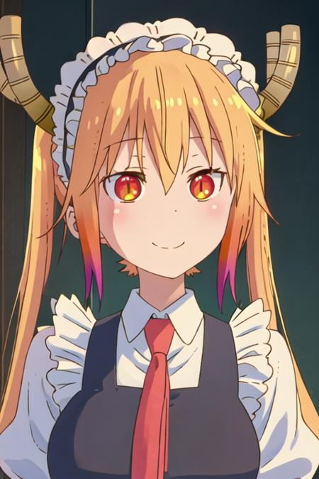 best quality, masterpiece, highres, solo, {tooru_kobayashisanchinomaidragon:1.15}, blonde_hair, horns, dragon_horns, long_hair, dragon_girl, maid_headdress, twintails, multicolored_hair, maid, blush, gradient_hair, necktie, red_eyes, closed_mouth, red_necktie, orange_eyes, hair_between_eyes, breasts, orange_hair, 1girl, looking_at_viewer, slit_pupils, smile, upper_body