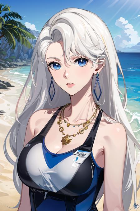 solo, masterpiece, best quality, highly detailed,1girl ,upper_body,necklace,swim_suit<lora:EileenAnimeV1:1>,white_hair,earrings,beach,sea