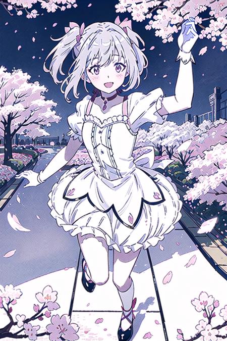 sunshine, windy, cherry blossoms, cherry blossom garden, aesthetic, intricate, sharp focus, best quality, extremely detailed,1girl, solo, from above, BREAK Madoka Kaname, (detailed shiny_anime_style_eyes), flat chest, extremely detailed textures, laughing, (running in a cherry blossom garden), casual pose,  posing <lora:MadokaKaname:1>