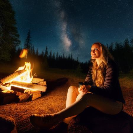 portrait of a woman sitting by a campfire in the forest at night, highly detailed, UHD, 8k