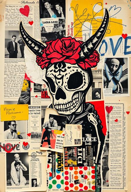 A pop art style mixed media collage artwork. Deconstructed, provocative, erotic, surreal, intense and chaotic composition. Street art textures and vibrant retro colours. 
Torn clippings of a worn newspaper photo of a Jean-Michel Basquiat illustration of a Mexican Day of the Dead Alebrije. 
Overlaying this are multiple layers of black-and-white Mexican imagery, handwritten letters, bold paint splashes, and chaotic magazine cutouts and clippings. Partially covering this, these break up the outline. Next are layered sections of repetitive brightly coloured dots are spraypainted in Yayoi Kusama style. On top of this are 1950s magazine cutouts and clippings of Mexican wrestlers, and torn vintage holiday postcards with handwritten messages are glued to the layers. This partially hides sections of the images below. On the top layer are rough hand-drawn letters and love hearts scrawled heavy-handedly in blue biro onto print.