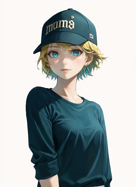 masterpiece, best quality, 1girl, aqua eyes, baseball cap, blonde hair, closed mouth, earrings, green background, hat, jewelry, looking at viewer, shirt, short hair, simple background, solo, upper body, yellow shirt
<lora:tloz_offset:1>