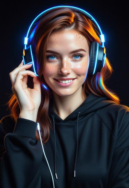 masterpiece, best quality, good quality, very aesthetic, absurdres, newest, LED, colorful LED lights, beautiful women with brown hair. wearing a black hoodie and black LED headphone, earrings, solid black background, looking at viewer, dynamic pose, hand on face, attractive, freckles, cute smile, blue eyes, random hairstyle, bold makeup, soft cinematic lighting, head and shoulders portrait, ultra detailed, upper body focused, perfect face, detailed face,