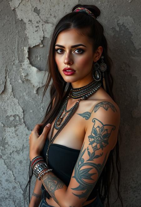 A beautiful woman, slender, tribal meets bohemian, tattoos, piercing, bohemian jewelry, modern, textured peeling wall in background, graphite, raw, gritty, dirty, mix of colors & materials, intricate, detailed, fashion photography