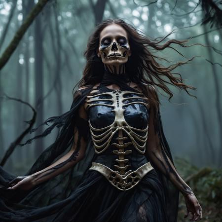 The Skeleton young Witch, flying, epoxy_skull, amidst a black swirling vortex in a dark, mystical forest. A beautiful woman with long hair stands, her figure draped in skeletal armor and an ethereal dress, engulfed by the swirling darkness. The scene is intensely cinematic, dominated by deep shadows pierced by subtle hints of light, crafting a dramatic interplay of darkness and luminescence. Wind, intensified to 1.2, weaves through the trees, enhancing her enigmatic silhouette, now surrounded by black smoke and the eye of a storm. Close-up on her sad expression, amidst sparkling embers and a billowing long piece of cloth, with a faint (intensity:0.5) hint of a Skeleton mask,