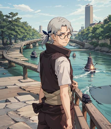 Yakushi kabuto, 1 boy, solo, black round glasses, empty black eyes, sneering, on a bridge, beautiful sky, wind, trees, river, outdoors