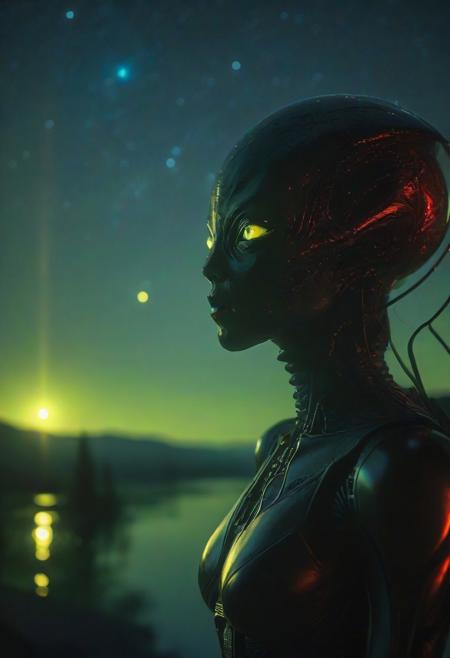 Ultrarealistic. sharp focus, dynamic lighting. play of light, reflection, refraction, Raytracing, Ultra detailed. Alien themed. alienworld. Feminine humanoid alien, outdoors, scenery, starry night sky,