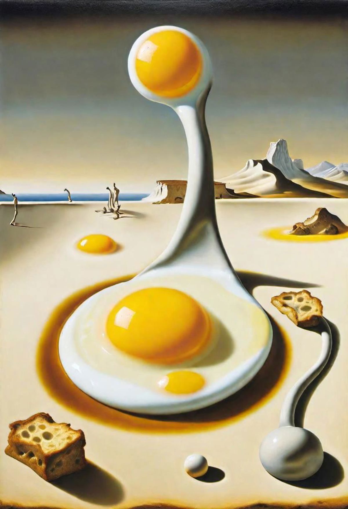 Surrealistic Painting of Yellow Egg in Bowl on Table.