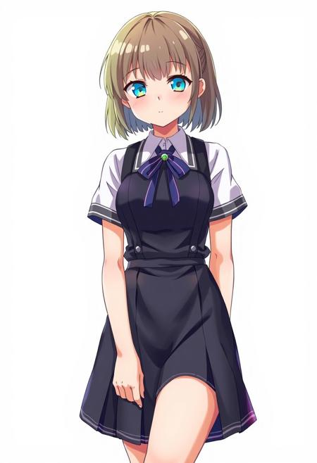 eva school unifrom, 1girl,Emily Willis, solo, tokyo-3 middle school uniform,  shirt, short sleeves, suspender skirt, neck ribbon,, ultra detailed, masterpiece, best quality, aesthetic, detailed,
