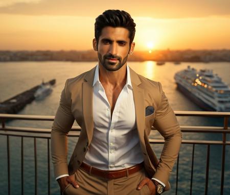 Nautical-themed (Photo:1.3) of (Ultrarealistic:1.3) <lora:Man_Men_FFashion:1> karan soni a man <lora:arjit-taneja_karan-soni:1> in a tan suit standing on a balcony, sun behind him, inspired by Pablo Munoz Gomez, shot at golden hour, editorial photograph, midshot of a hunky, by Roman Bezpalkiv, by Artur Tarnowski, maxim sukharev, by Gabor Szikszai,Highly Detailed,(Mono Color:1.3) . Sea, ocean, ships, maritime, beach, marine life, highly detailed