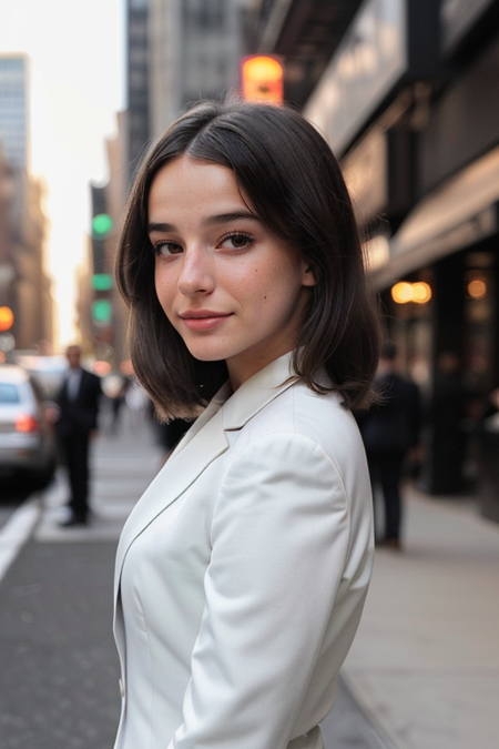 KiriaMalheiros, photography by (Rodney Smith:1.3), ((upper body focus, shoulders)), modelshoot, pose, (business suit, black jacket, white blouse, facing viewer, busy Manhattan sidewalk, looking at viewer, blurry background, bokeh, ID photo:1.3), serious look