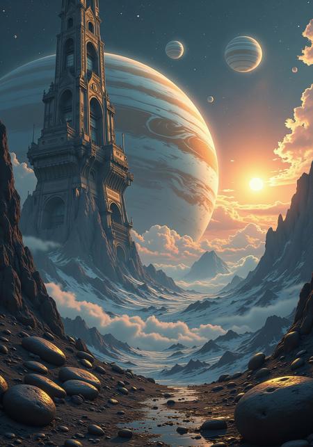 "Pharion Interstellaris, Pharion Stellamare, Pharion Spatii, Pharion Spiritus, Pharion Mentis", "Lucerna Maris".
Golden runes and cybernectic line decorate, Grimmdark, darktale, mechanical.
Realistic cinematic scene, Realistic soft light.
Style: space Odyssey, color blending, saturation background.
Foreground: dark gray piece of meteorite.
Midground: space Interstellar Light, space Astronomican tower. Giant Spacecraft, floating in Space, floating in orbit of Jupiter.
Background: Solar shining far away. Jupiter and Io, Europa, Callisto, Ganymede. 