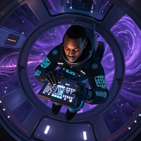 A Black cosmonaut with dark brown skin and close-cropped hair floats weightlessly inside a sleek, futuristic space capsule known as The Black Elevator. He wears a custom black spacesuit adorned with glowing blue circuitry patterns that pulse rhythmically, synced to the music he creates. Suspended in zero gravity, he manipulates a holographic music interface with his gloved hands—each movement generating vibrant soundwaves that ripple through the air like luminous streams of color. His expression is focused yet serene, eyes reflecting distant galaxies visible through the wide, transparent dome above him. Stars streak past as the vessel travels through a tunnel of swirling light and cosmic energy, blending deep purples, electric blues, and radiant golds. The interior of The Black Elevator is minimalistic but sophisticated, with smooth obsidian walls and illuminated panels casting a soft, ambient glow. The camera slowly orbits around him, capturing his fluid motions and the surreal beauty of space-time distortion outside. The scene feels otherworldly and soulful, merging science fiction with a sense of spiritual exploration.
Style: Futuristic sci-fi, Afrofuturism, highly detailed, cinematic
Lighting: Soft interior glow with contrasting vibrant cosmic light outside
Camera: Slow orbiting shot, medium-to-wide framing, focusing on the cosmonaut and the interface interaction.