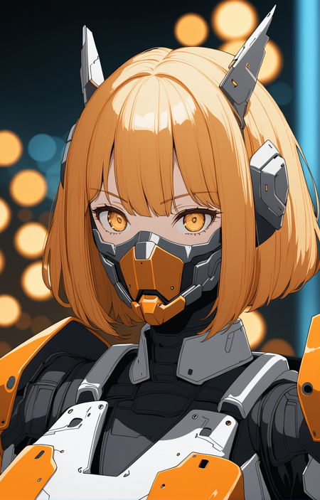 1girl, mecha suit, samurai face mask, menpo, upper body, underboob, portrait, white orange armor, blonde shimmering hair, 8K, RAW, best quality, masterpiece, ultra high res, colorful, (medium wide shot), (dynamic perspective), sharp focus , (depth of field, bokeh:1.3), extremely detailed eyes and face, beautiful detailed eyes,large breasts,black gold, trimmed gear,In a futuristic weapons factory, ((masterpiece, best quality)), niji, from side, upper body, hips