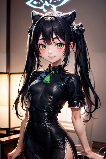 zzShun, black hair, long hair, animal ears, green eyes, tiger ears, halo, animal ear fluff, twintails, tiger girl, extra ears, black dress, black footwear, china dress, shoes, short sleeves, white thighhighs, blunt bangs,