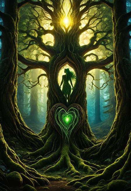 Dryad, merging with ancient tree, roots and bark forming body, glowing veins of light across trunk, luminous moss, standing in the heart of the forest, deep shadows, warm ambient light, magical energy lines, mystical forest scene, ultra sharp, highly detailed, perfect composition, rich foliage, fantasy illustration, glowing accents
