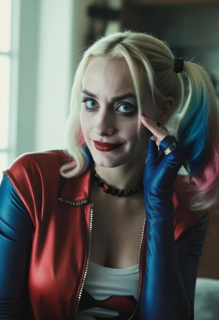 high quality, cinematic, woman, Harley Quinn, at home, close shot, feeling fine mood
