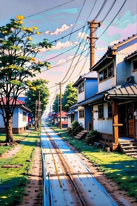 <lora:å¤è¡é>,<lora:mn_20231013145446:1>,mn,1girl,gujiedao,no humans,tree,scenery,outdoors,grass,house,power lines,road,traditional media,day,utility pole,building,sky,