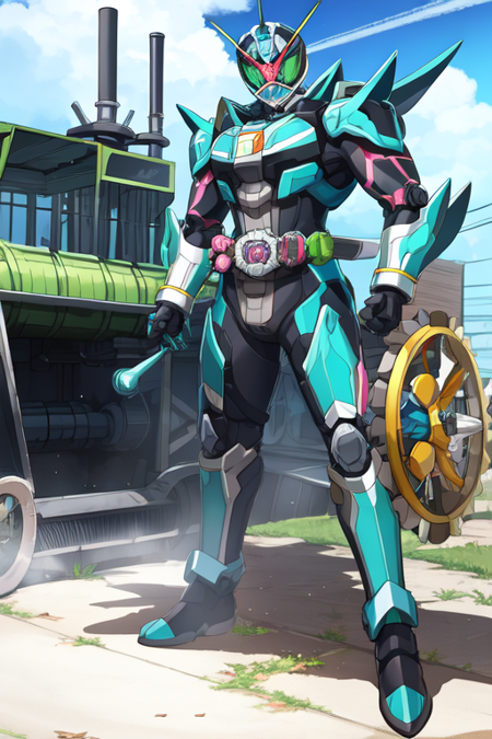 cyan armor, grasshopper, steam engine, helmet, tokusatsu, belt, solo