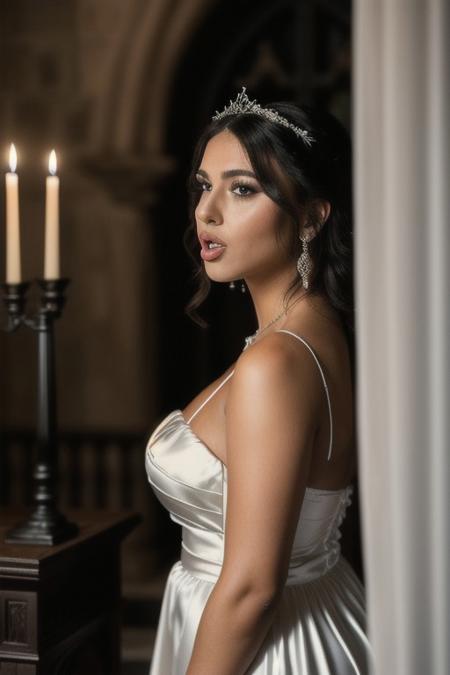 Photo•raw•8k uhd•dslr•high quality•ultra-realistic•realistic•realism•film grain overlay•Fujifilm XT3.
View from side, dark gothic-style•candle-lit room•ancient stone altar.
1woman•wearing a (white satin gown dress)•(voluptuous)-body•kneeling•perfect(face•eyes•big nose•big lips•wide mouth).