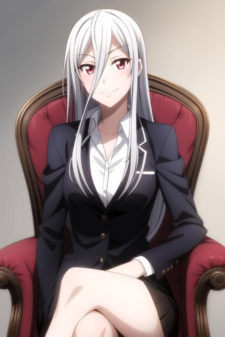 1girl, armchair, chair, couch, gradient, gradient background, hair between eyes, long hair, medium breasts, red eyes, formal, office suit, suit, office uniform, skirt, silver hair, sitting,smile, look at viewer, solo, leona_miyamura. <lora:add_detail:0.7>