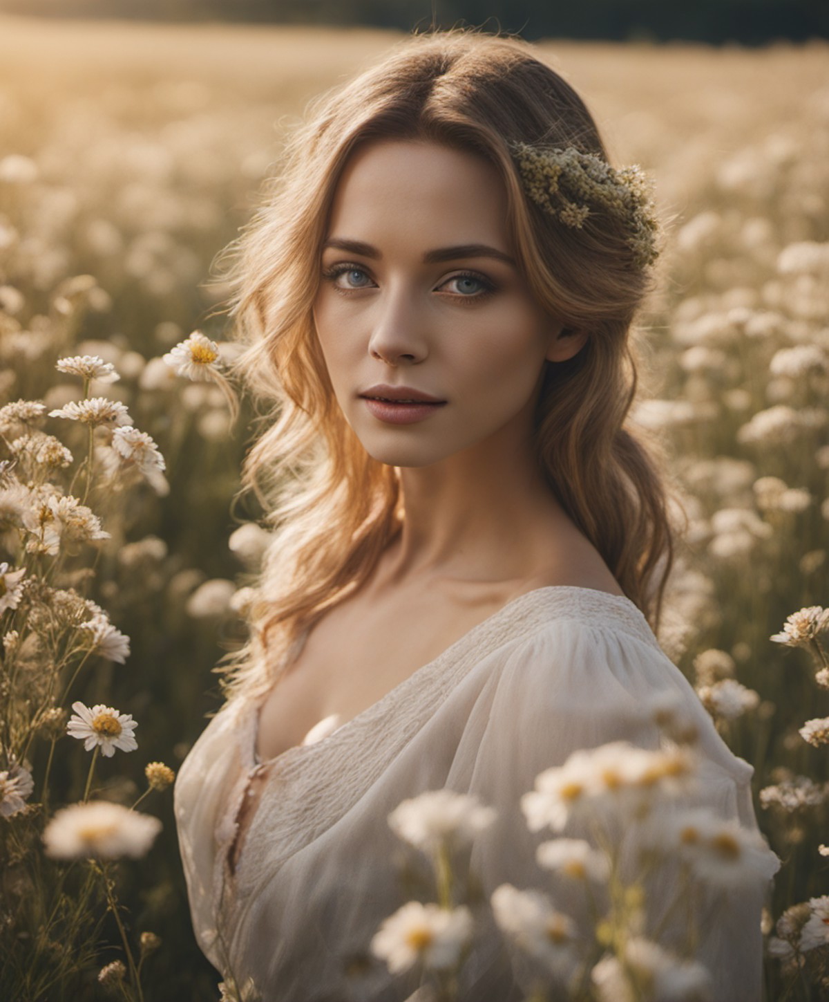 a cinematic photograph of a beautiful woman in a field of flowers, , sunny day