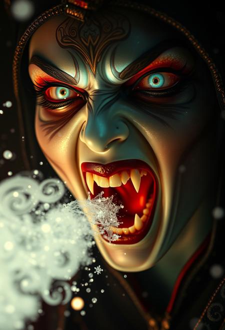 A cinematic extreme close-up of assassinmihq reimagined as a terrifying japanese witch. Her mouth is wide open in a menacing scream, revealing sharp, jagged teeth, as poison Cloud breath escapes into the eerie air. Her translucent skin glows faintly, as if made of magic, with intricate patterns glistening across her face. Her wide, glowing eyes exude both beauty and terror, contrasting with the eerie perfection of her Ethereal form. Backlighting creates a dramatic, atmospheric glow, illuminating the snowflakes swirling in the air and emphasizing the sharp edges of her charming visage. The scene is chilling, intense, and hauntingly beautiful.