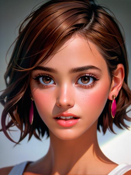 Realistic photo of a beautiful 3ll3m woman, 1girl,solo,looking at viewer,short hair,open mouth,simple background,brown hair,brown eyes,jewelry,earrings,teeth,lips,portrait,realistic,soft lighting, professional Photography, Photorealistic, detailed, RAW, analog, sharp focus, 8k, HD, high quality, masterpiece<lora:3ll3m:1.0>