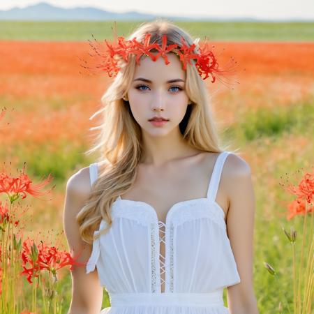 8k, UHD, beautiful face, beautiful fair skin, beautiful background, grasslands, Higanbana are blooming all over, flower, bloom, BREAK
1girl, solo, standing, white sundress, cowboy shot, blond hair, blue eyes, <lora:higanbanaXL:1>