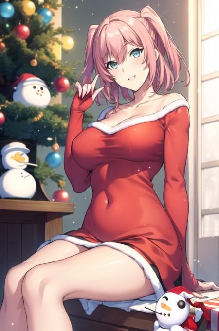 (day:1.7), in a snowy scene with a snowman behind her,
sitting at attention,sitting on couch,
red dress,santa hat, santa_boots, santa_costume, santa_dress, santa_gloves,collarbone,
 <lora:sana_miyama_Gundam_Breaker-KK77-V1:0.7>,Black_pleated_skirt,<lora:aiueOkaStyle_v10:0.1>, <lora:saiminSeishidou:0.1>,
pink_hair,bangs,blue eyes,aqua_eyes,
1 girl, 20yo,mature female,Beautiful Finger,Beautiful long legs,Beautiful body,Beautiful Nose,Beautiful character design, perfect eyes, perfect face,
looking at viewer, (big_eyes:1.0),(Light_smile:0.3),
official art,extremely detailed CG unity 8k wallpaper, perfect lighting,Colorful, Bright_Front_face_Lighting,
(masterpiece:1.0),(best_quality:1.0), ultra high res,4K,ultra-detailed,
photography, 8K, HDR, highres, absurdres:1.2, Kodak portra 400, film grain, blurry background, bokeh:1.2, lens flare, (vibrant_color:1.2)
(Beautiful,large_Breasts:1.4), (beautiful_face:1.5),(narrow_waist),