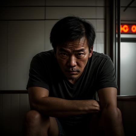 Gritty Portrait Photo of a weary,rugged individual sitting in a sparse,nondescript diner,his eyes betraying a sense of resigned acceptance,illuminated by the stark,fluorescent light overhead,from a close-up perspective,showcasing the film's exploration of fate,inevitability,and the changing nature of the world,<lora:more_details:0.7>,<lora:picxer_real:0.7>,asian face,