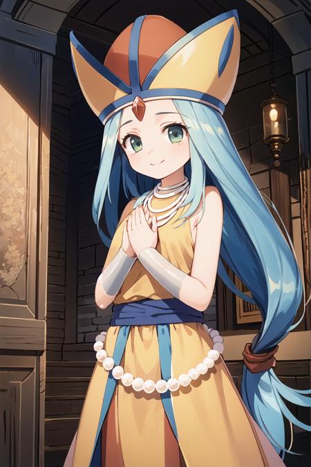 masterpiece,best quality,illustration,beautiful detailed girl, highres,1girl,<lora:GoodHands-beta2:1:lbw=MIDD>,nice hands, perfect hands, <lora:fosse dq7:1>,fosse dq7,aqua hair,hat,necklace,wristband,dress,jewelry,prayer beads,low-tied long hair,cowboy shot,standing,smile,inside,castle