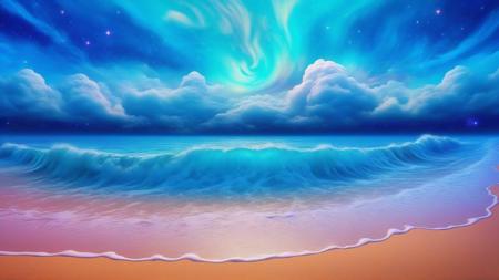 Psychedelic style Fantastic beach, pathway winding through the sand, chaotic clouds, psychedelic night sky full of stars, beautiful, magnificent color matching, cinematic, volumetric clouds, realistic painting, concept art, trending on art-station, ultra-HD, 8K . Vibrant colors, swirling patterns, abstract forms, surreal, trippy