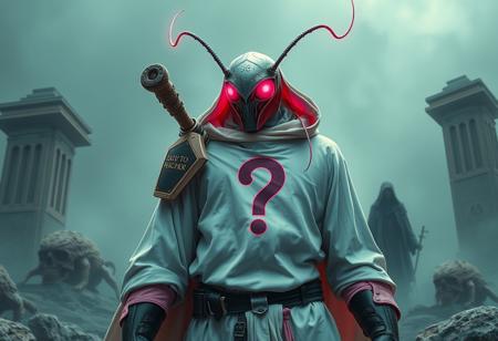Create a high-definition, photorealistic artwork of a Cockroach Knight with a question mark on its chest, inspired by the styles of Kazuo Umezu and Frank Frazetta. The knight should be wearing a white robe with dayglo pink accents and be set against a backdrop that incorporates elements of Iram of the Pillars and Jorogumo. Include a mysterious, featureless stranger in the scene, with a creepy, gothic-inspired aesthetic. The artwork should adhere to the golden ratio and have a psychedelic, overcast tint. Ensure that the piece is highly detailed, with a focus on micro details and lifelike textures. The color palette should be vibrant and cinematic, with a mix of realistic and fantastical elements. The final piece should be reminiscent of the works of Dorothea Tanning, Magali Villeneuve, and Artgerm, with a strong emphasis on anthropology and wonder.