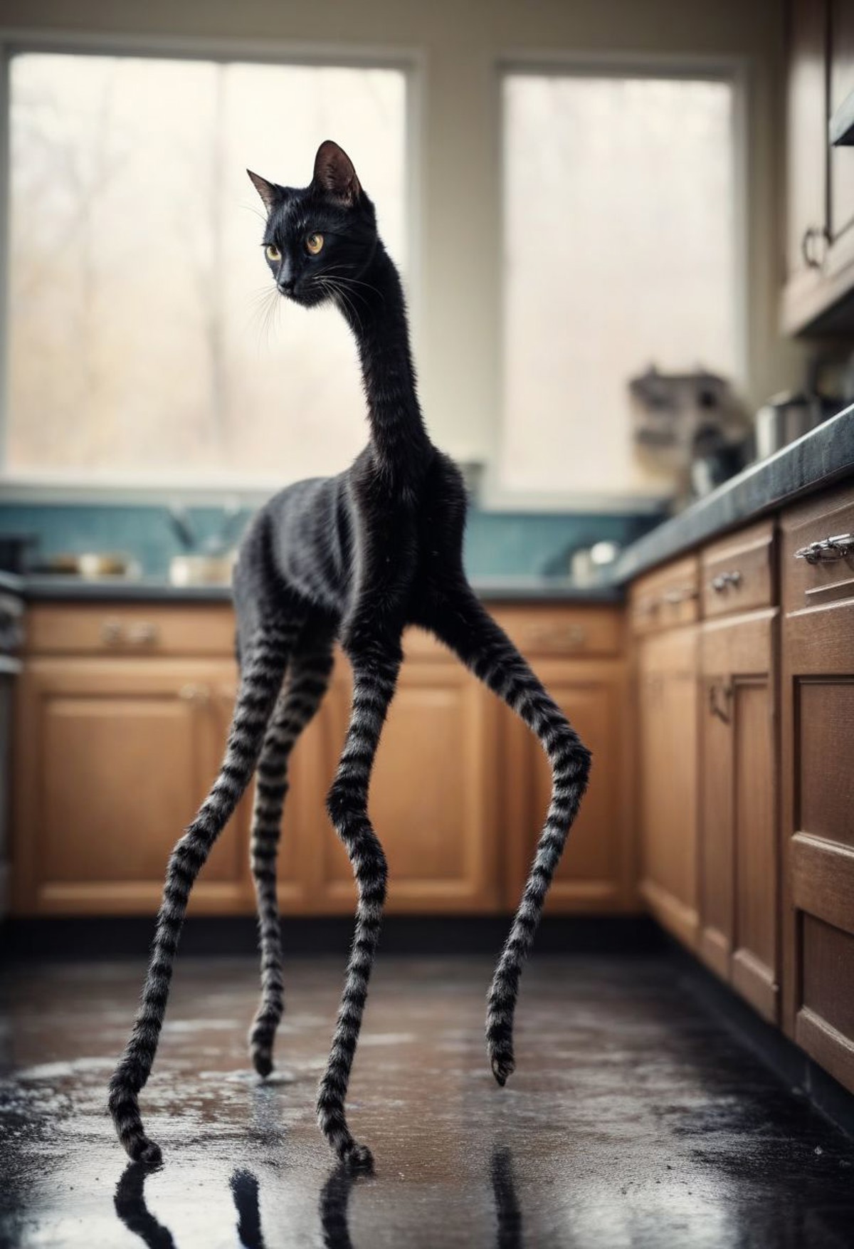 Highly detailed photo of black cat with ((Long legs:1.9)), on kitchen counter, in focus, uhd, 8k, ultra realistic, sunny, ...