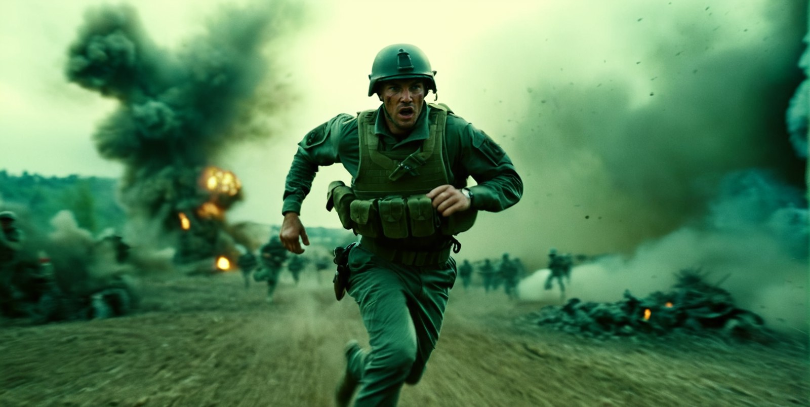 cinematic, man soldier running to viewer, war, rumble, explosion, ash, battlefield, low-angle view, ultra detailed, film g...
