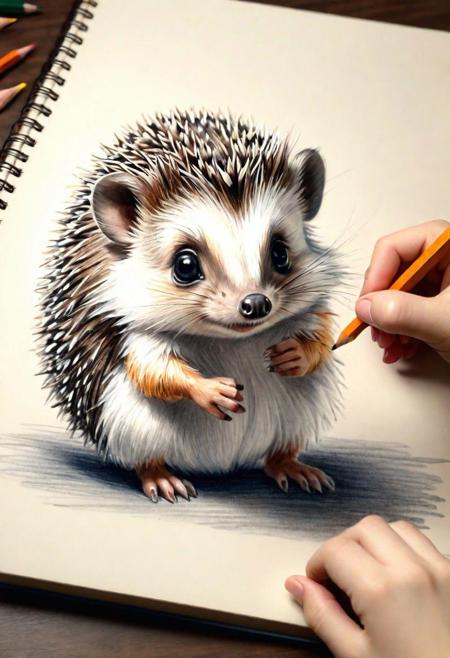 beautiful pencil drawing, girl draws a cartoon hedgehog in an album, studio photo, ultra quality, 8k