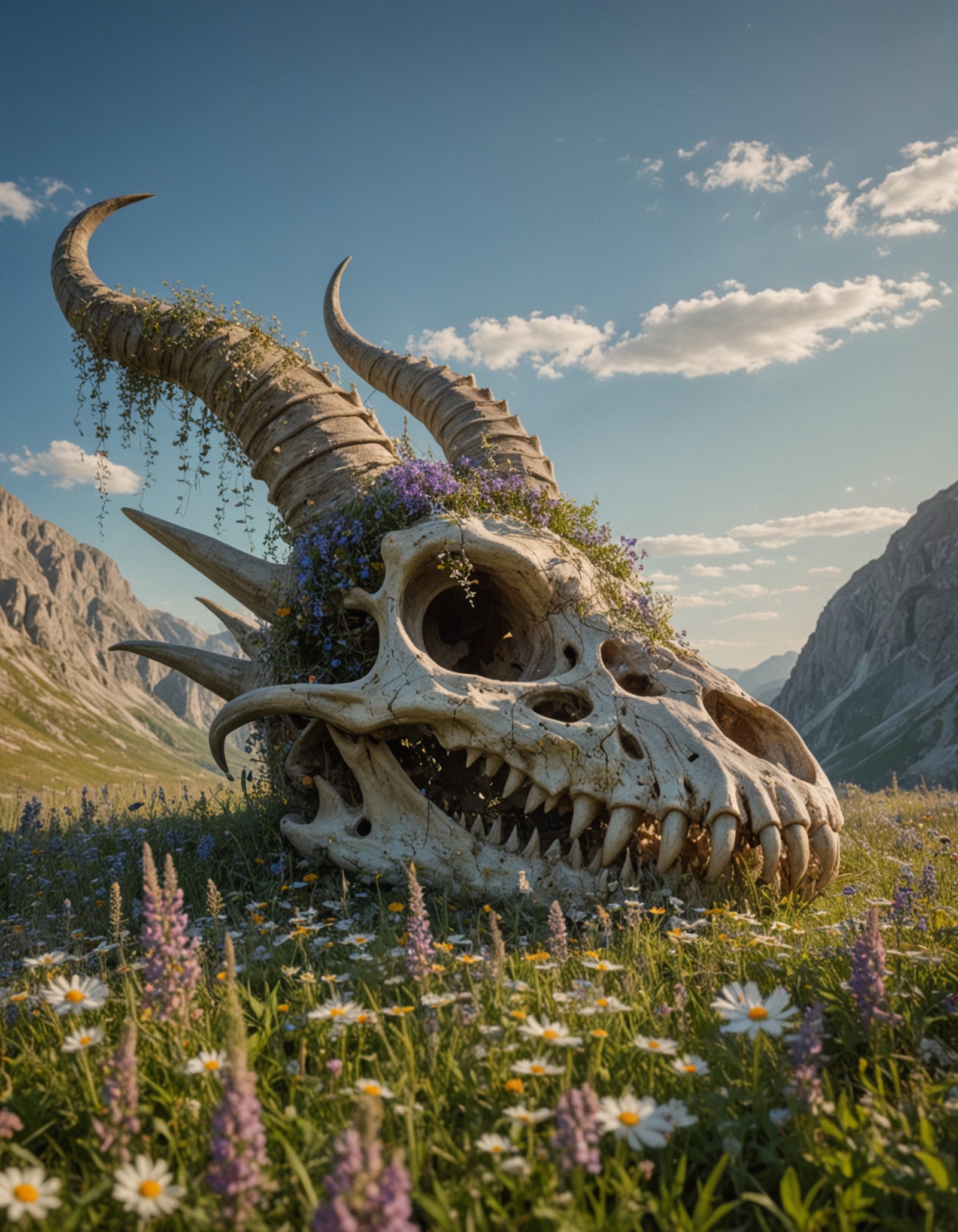 In a serene sunlit meadow filled with vibrant wildflowers, a massive dragon skull lies partially buried, the skull's formi...