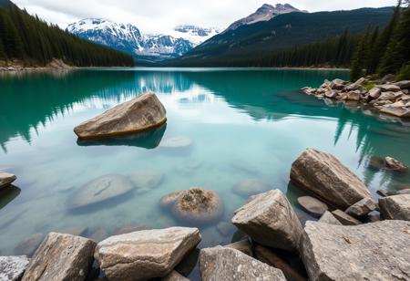 Photograph the emerald waters of Lake Espiel in Yoho National Park, Canada with rocky banks and snow-capped mountains visible on the horizon. Use a Canon EF lens for close-up shots to capture the texture of the rocks and water. The surrounding pine forest adds depth to the scene